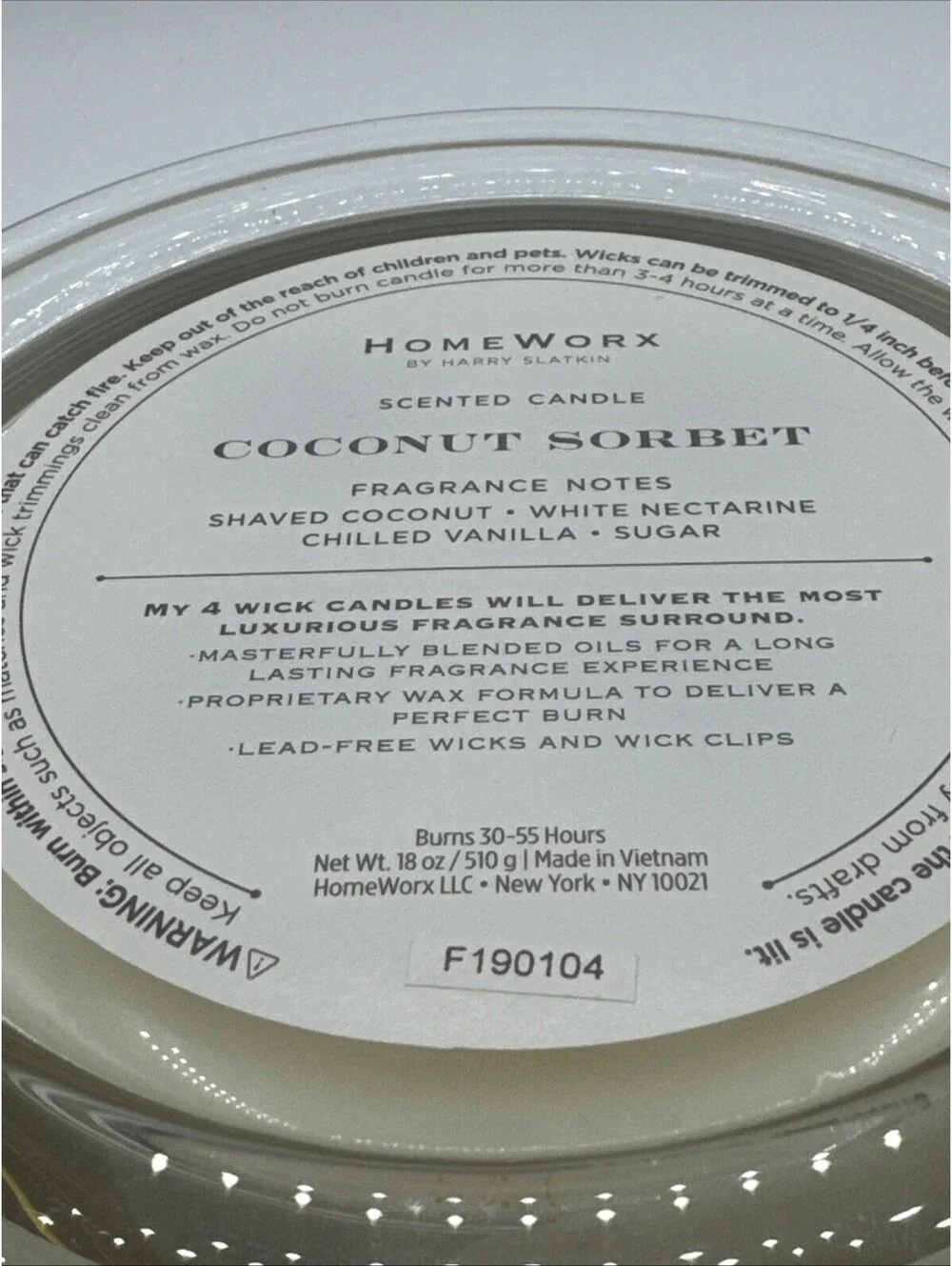 HomeWorx by Harry Slatkin Vanilla Coconut Sorbet 4-Wick Candle 18 oz NEW